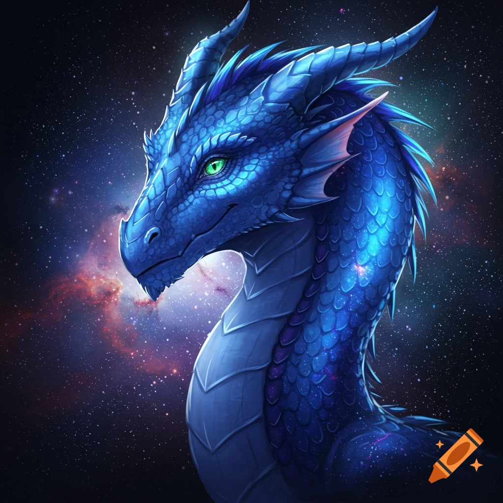 A blue dragon with green eyes against a galaxy background.