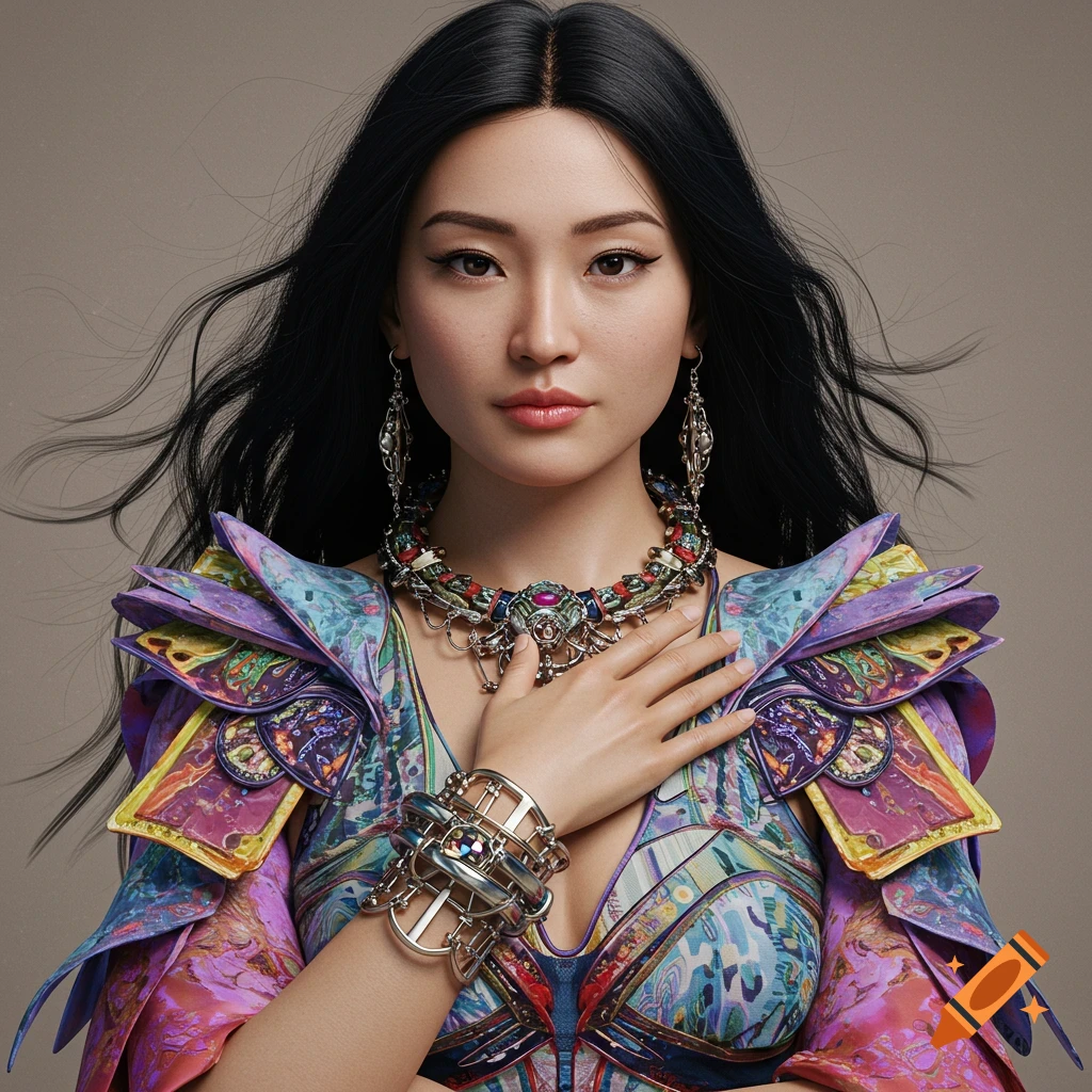 A hyperrealistic portrait of a woman wearing intricate colorful clothing and futuristic jewelry.