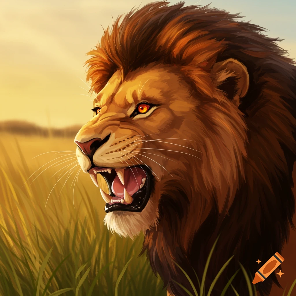 A roaring lion with orange eyes stands in tall grass at sunset