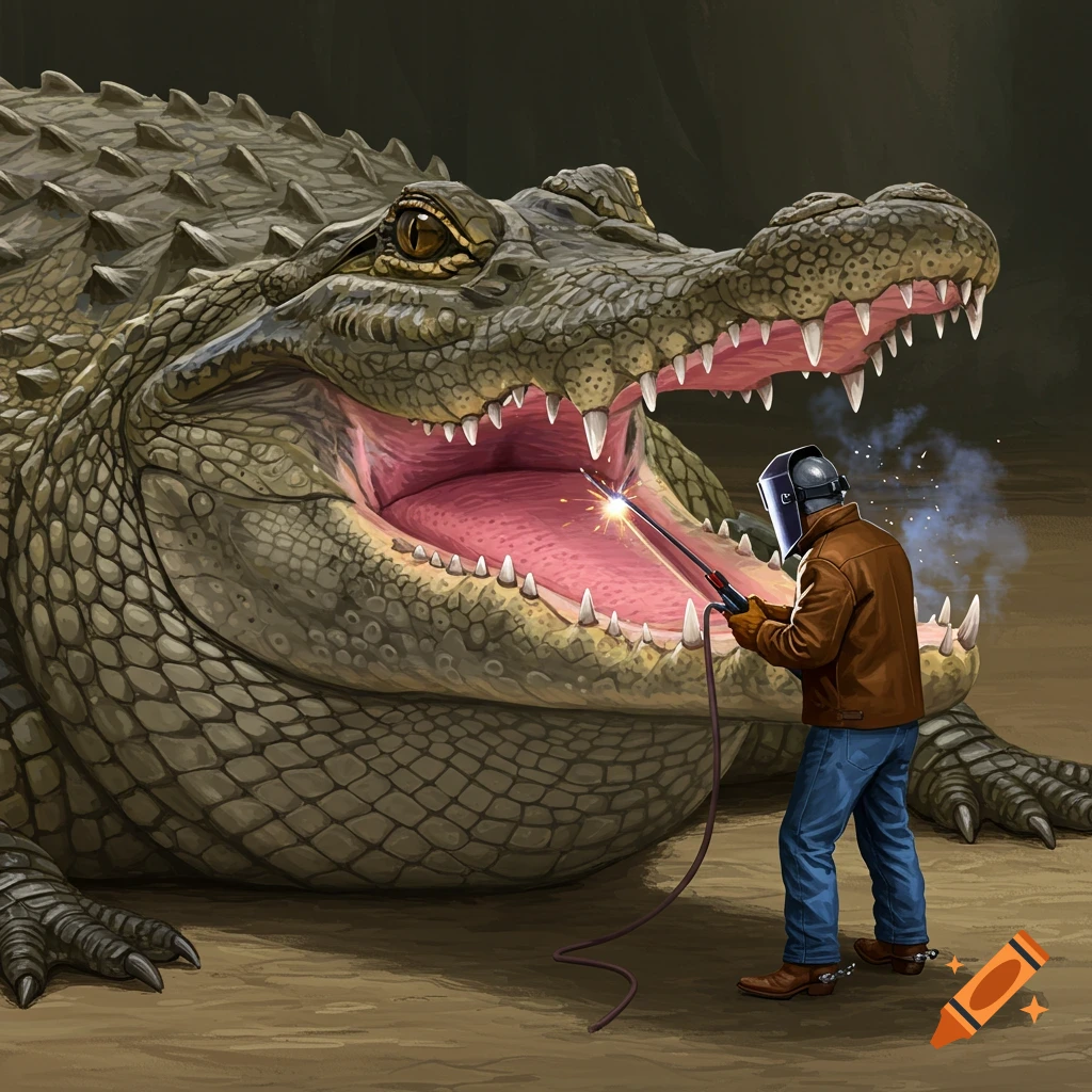 A small man welding the tooth of a massive alligator.