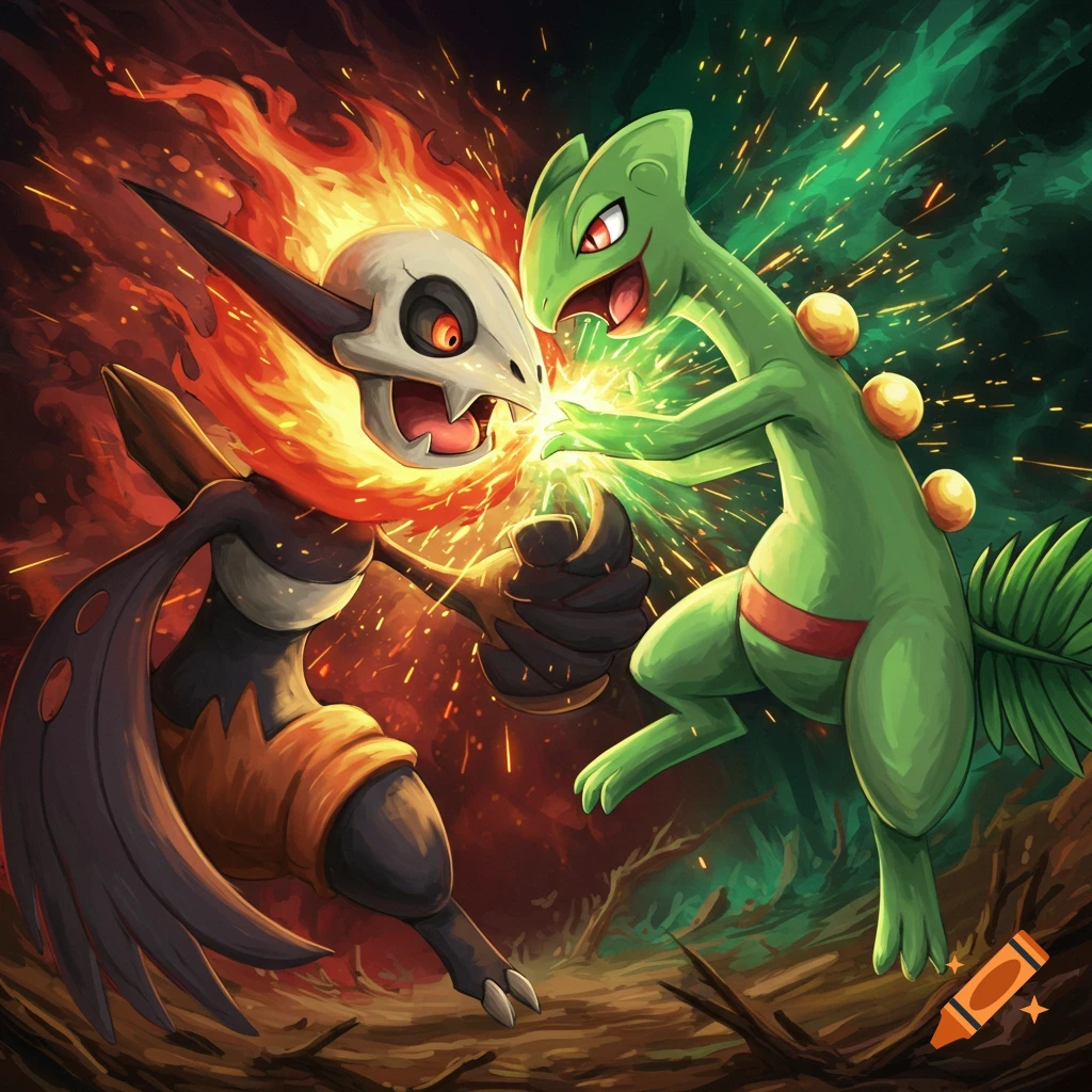 Pokemon Ceruledge and Sceptile are battling with energy erupting between them.
