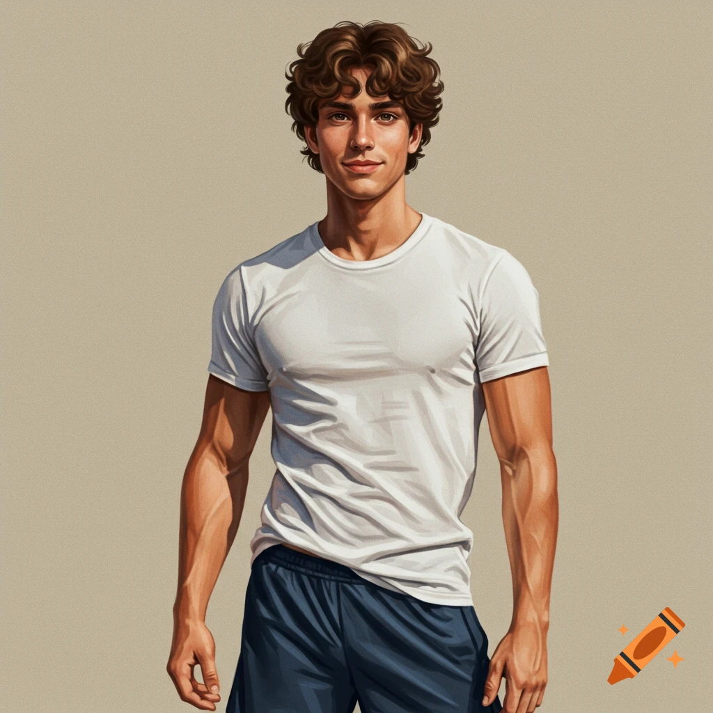 a young man with wavy brown hair in a white t-shirt and blue shorts