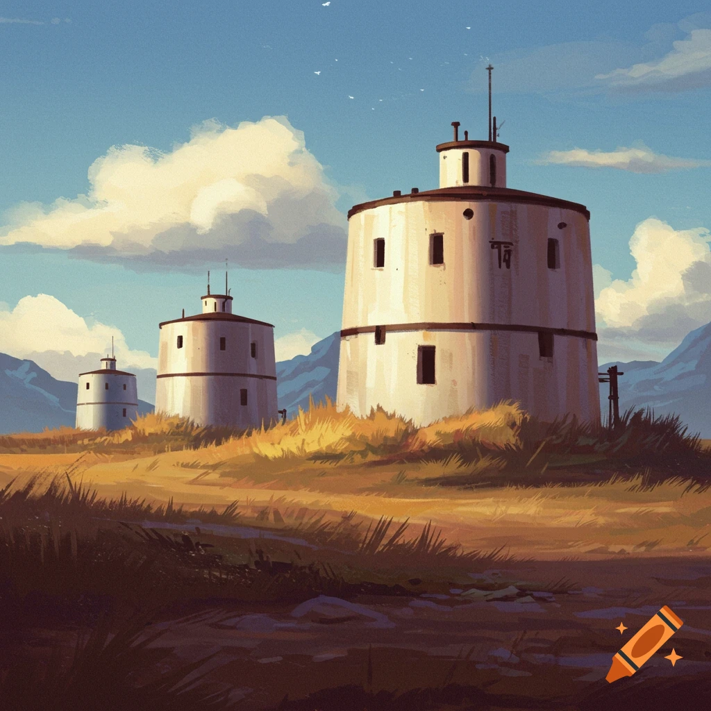 Three round, white buildings stand on a grassy hill, with mountains and clouds in the background.