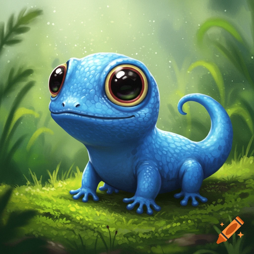 A cute blue lizard with big eyes sits on mossy ground.