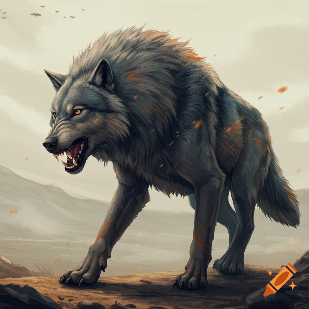 A snarling grey dire wolf stands on a rock in a barren landscape.