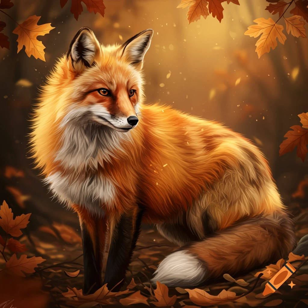 A red fox sits among fallen autumn leaves in a forest.