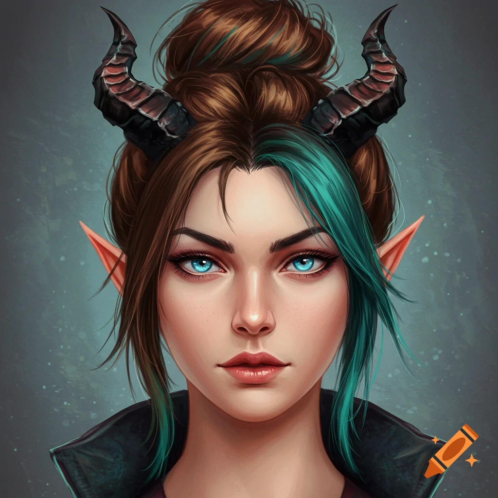 A fantasy woman with horns, pointed ears, brown and teal hair, blue eyes, and a leather jacket.