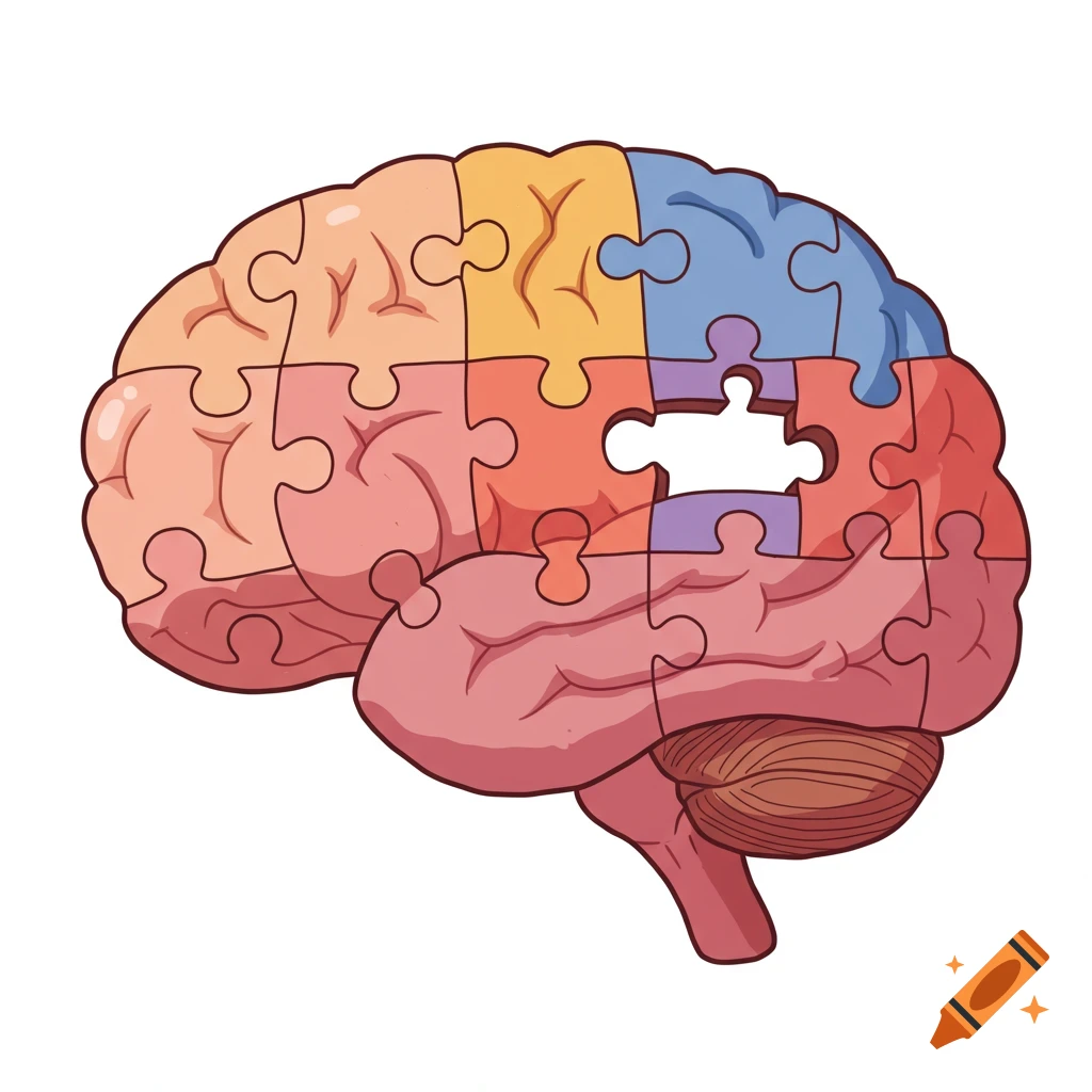 Cartoon illustration of a human brain made of colorful puzzle pieces with one piece missing.