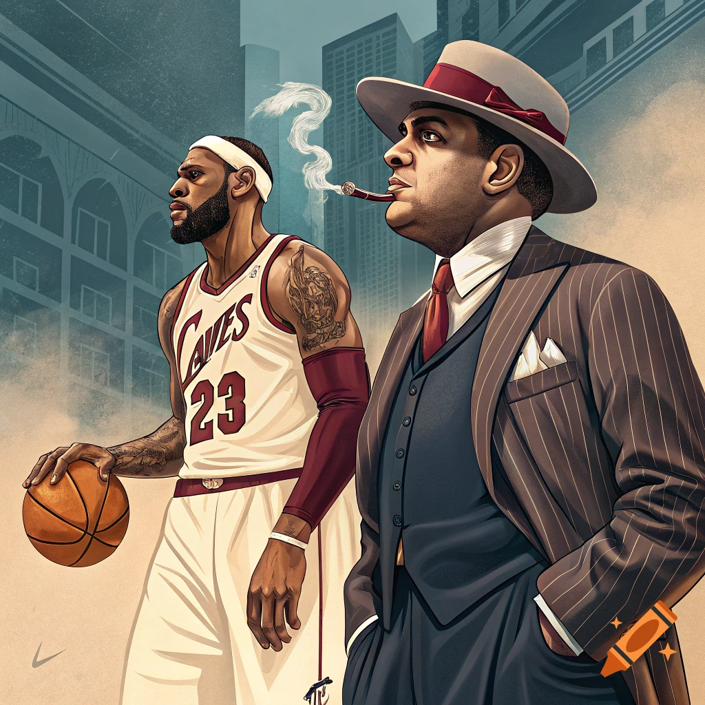 Illustration of a basketball player in a jersey and a man in a suit and hat smoking a cigar, walking in a city.
