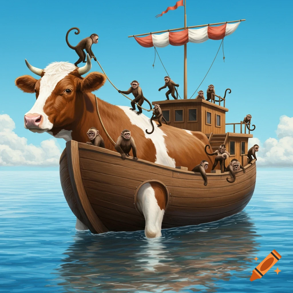 A cow shaped like a boat with monkeys on the deck, sailing on water.