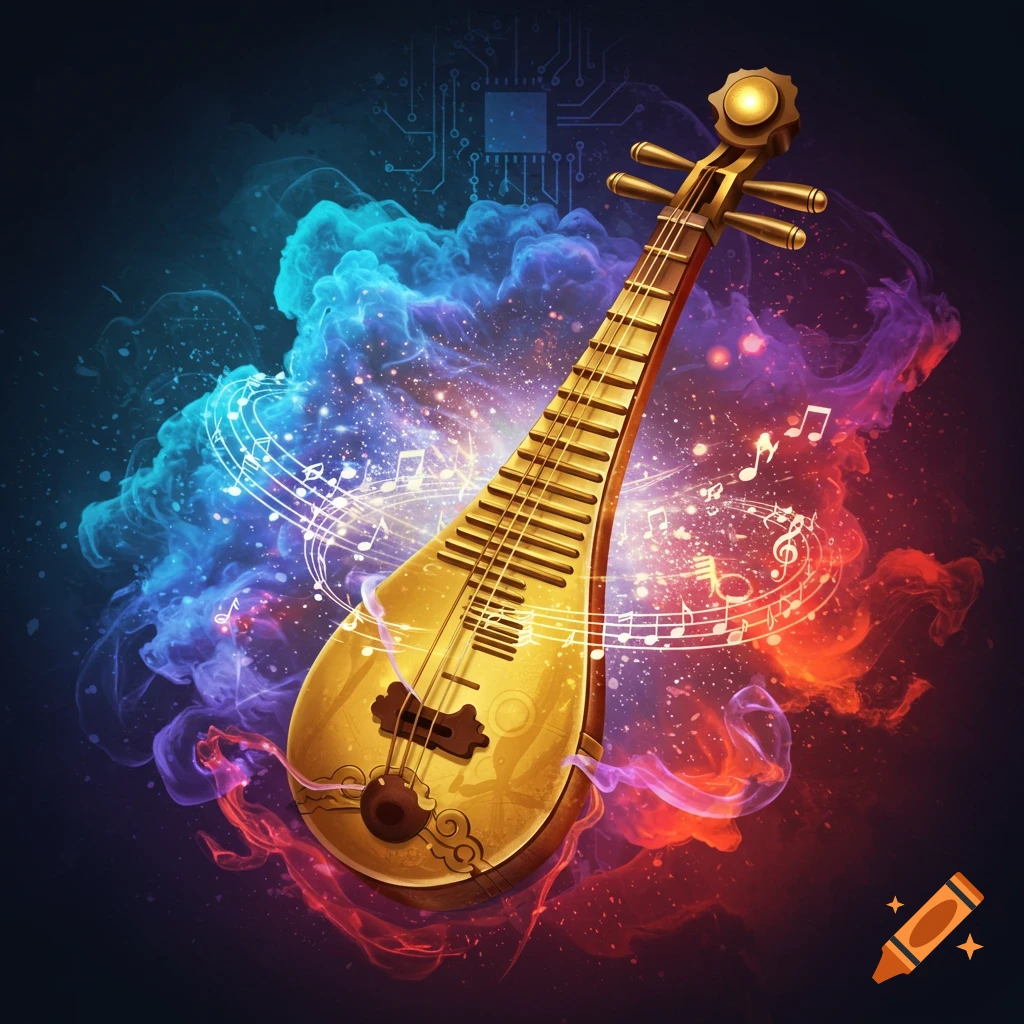 A golden lute-like instrument in a colorful nebula with musical notes and circuit patterns.