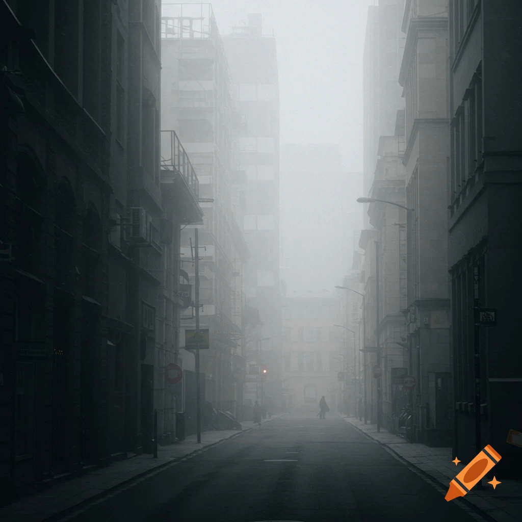 A lone figure walks down a foggy urban street lined with tall buildings.