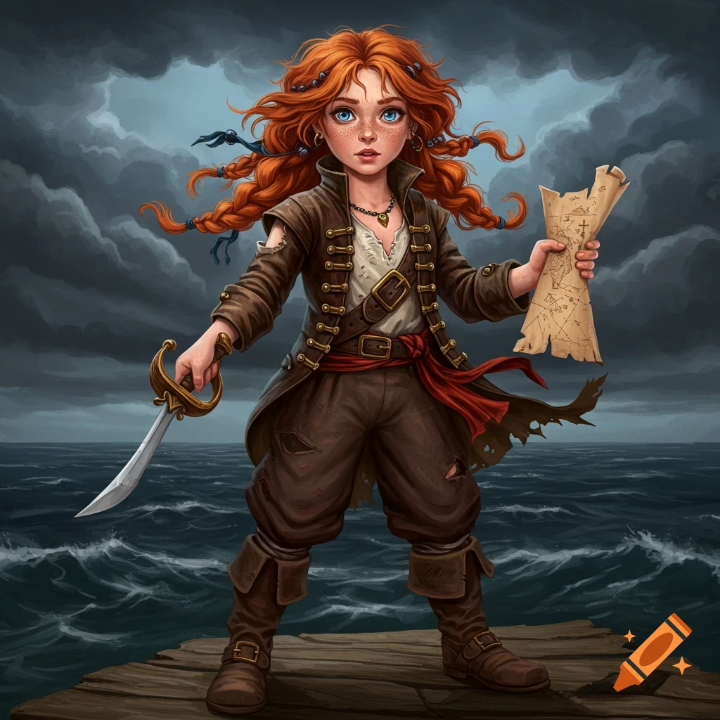 A young girl with red hair dressed as a pirate, holding a map and a sword.