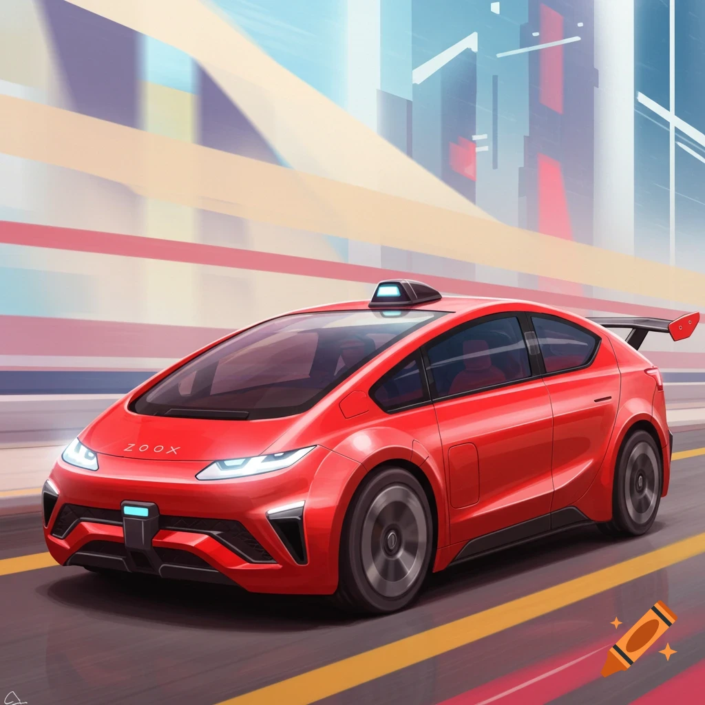 A red futuristic car in a city