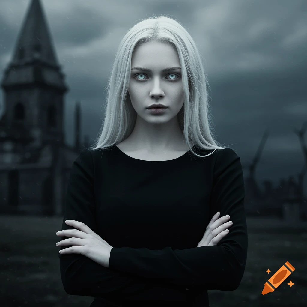 Portrait of a pale woman with white hair and luminous eyes against a gothic building and dark sky