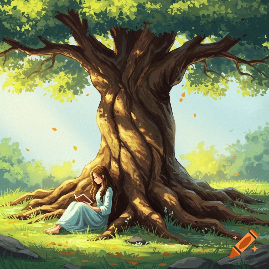A woman reads a book while sitting under a large tree in a sunny field.