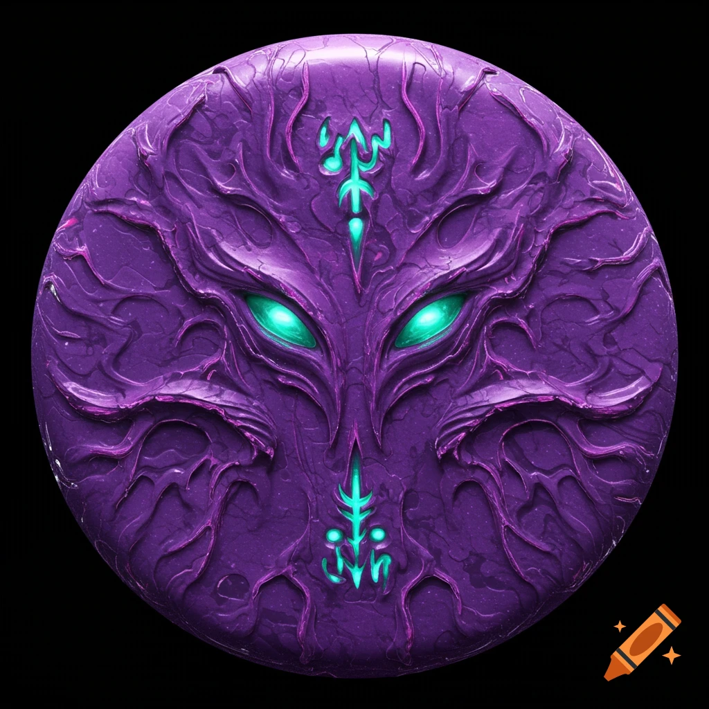 Purple disc with glowing green eyes and abstract face design.