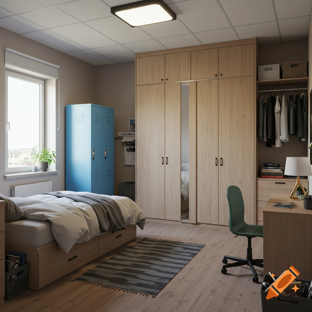 A tidy student bedroom with a bed, desk, wardrobe, and blue locker.