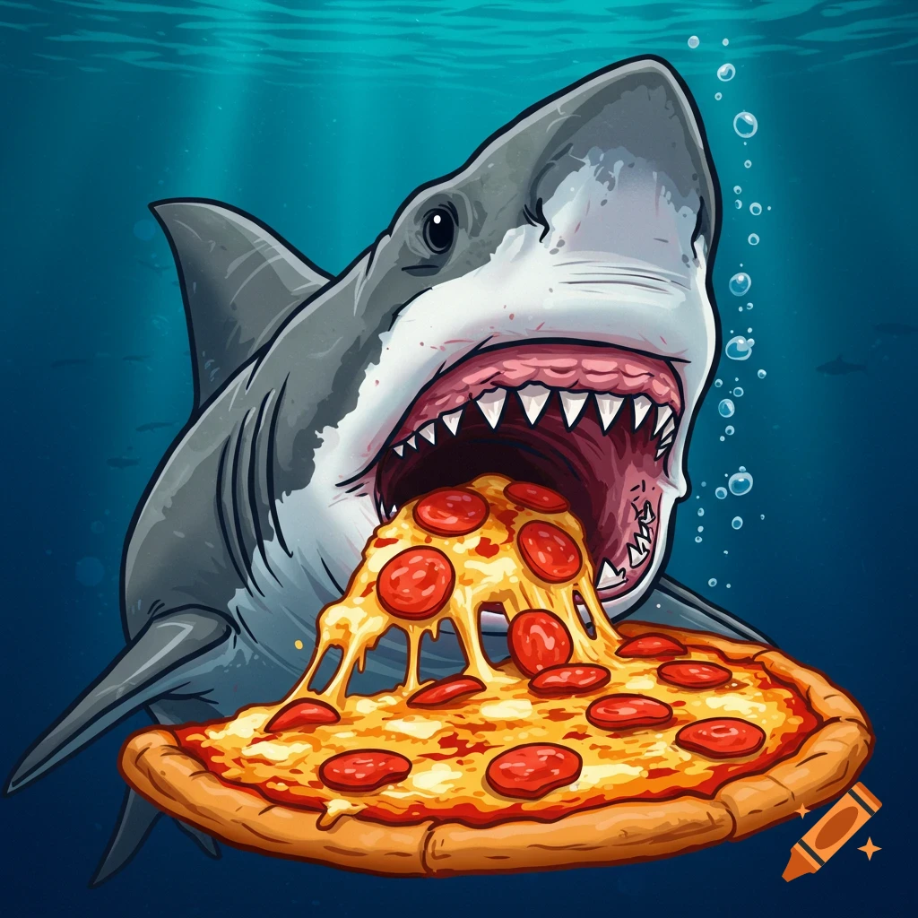Cartoon shark eating a pepperoni pizza underwater.