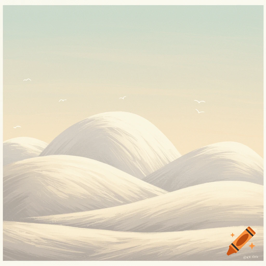 Minimalist landscape in a vintage style, featuring rolling white hills under a pale sky with birds.