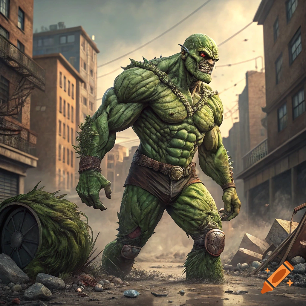 Large green monster with red eyes stands in a destroyed city street.