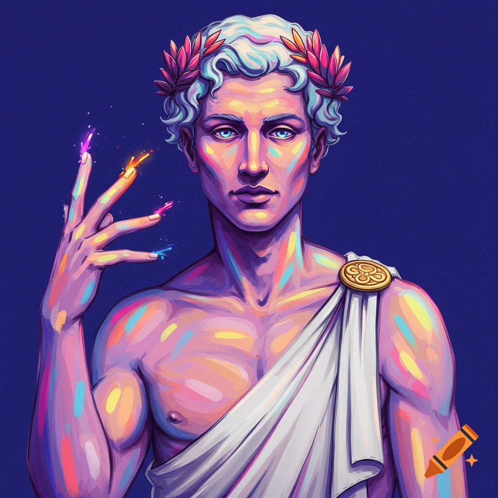 Colorful Greek god figure in a toga and laurel wreath.