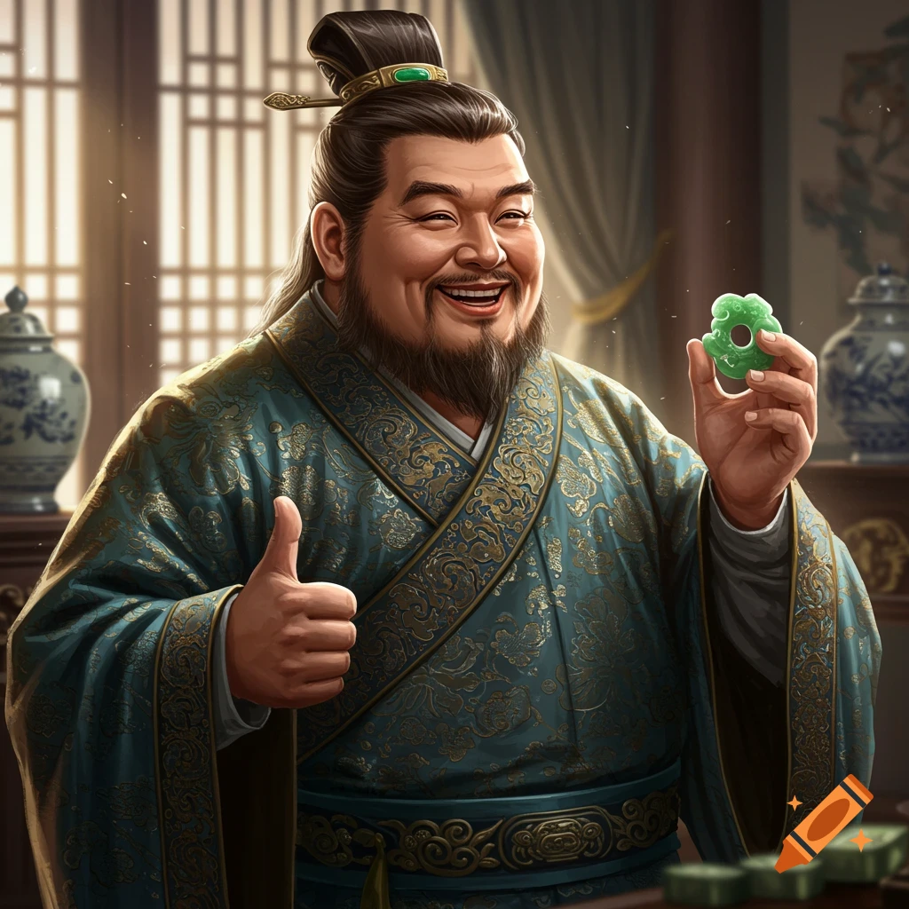 An older Chinese man smiles and gives a thumbs-up. He is wearing traditional robes and holding a piece of jade.