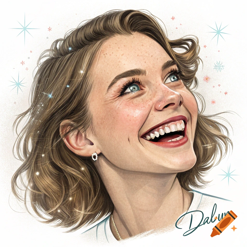 Stylized portrait of a smiling woman with freckles looking up, with sparkling lights.