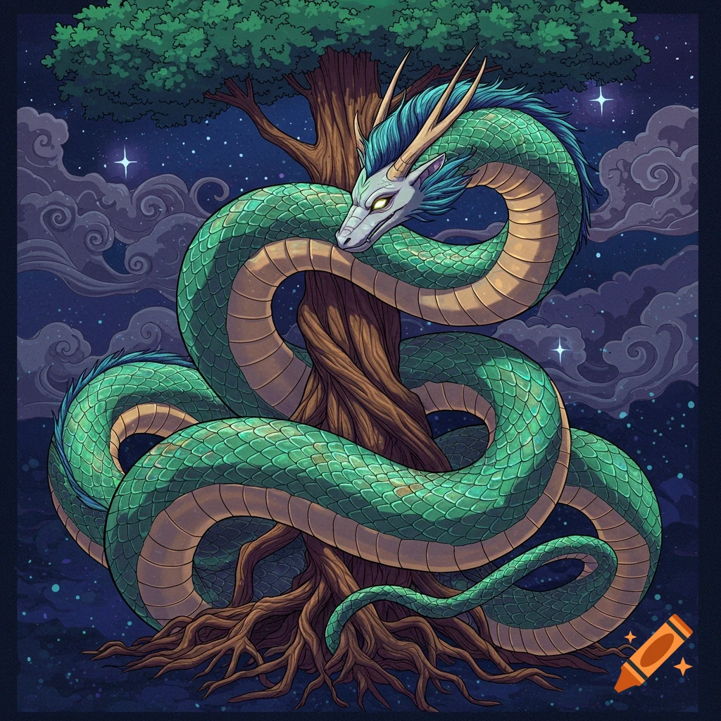A green dragon is wrapped around a tree at night