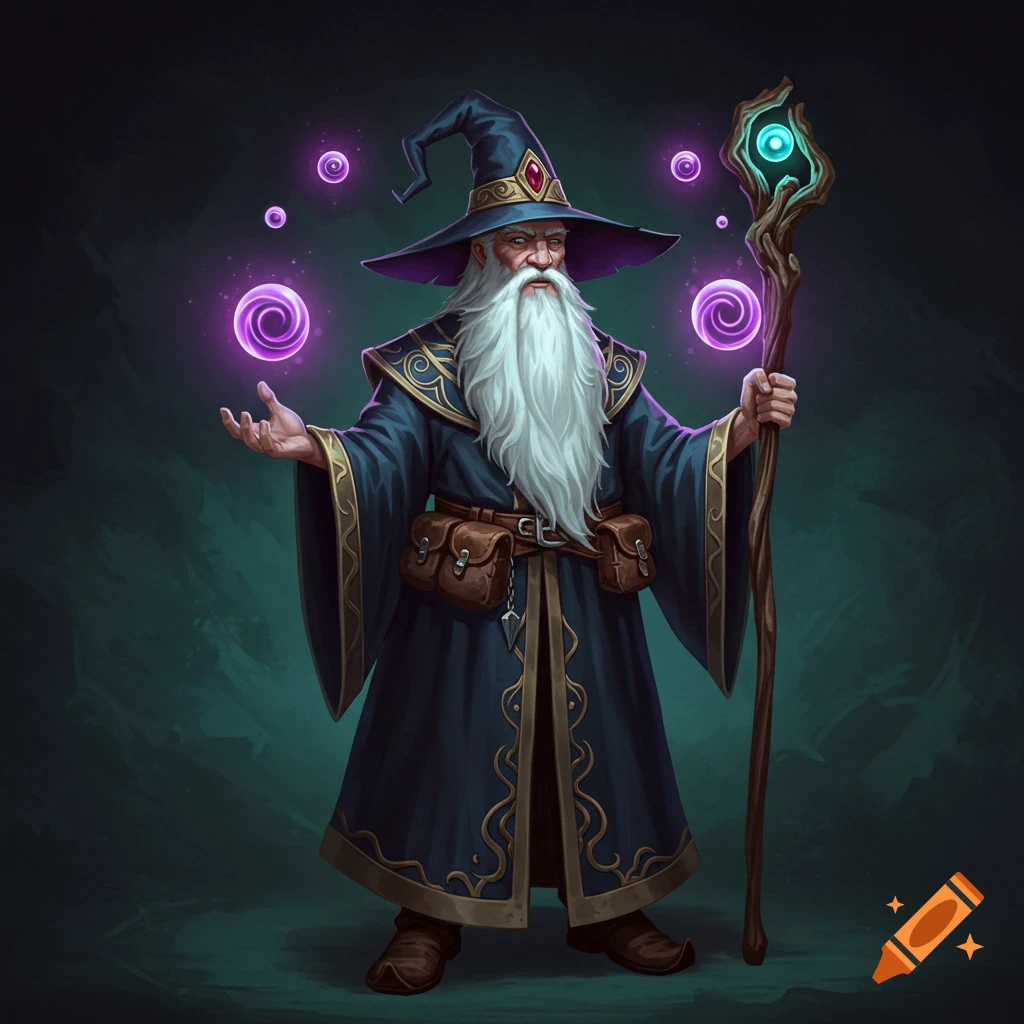 A wizard with a long white beard, blue robe, holding a staff and conjuring purple magic orbs.