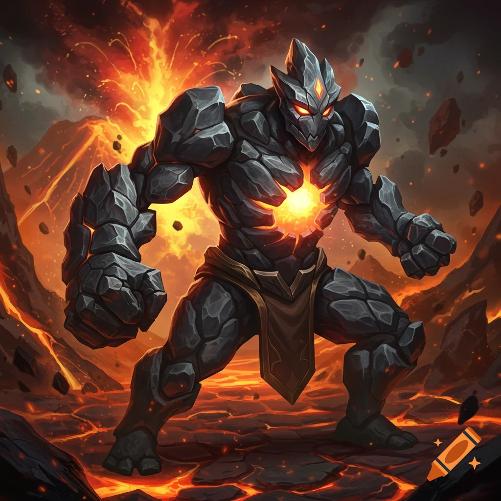 A rock elemental monster with glowing eyes and chest stands in a volcanic landscape.