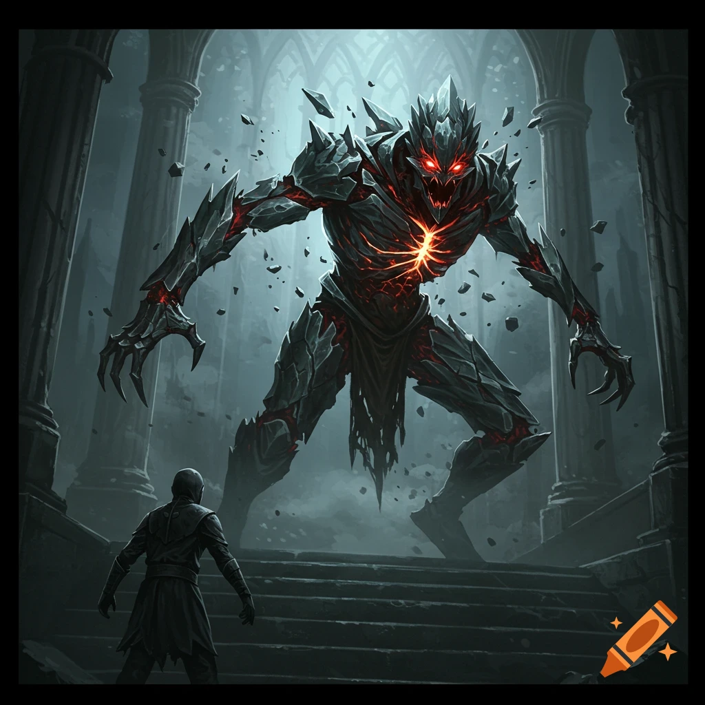 A dark fantasy image of a large spiky creature with glowing red eyes confronting a human figure in a ruined temple.