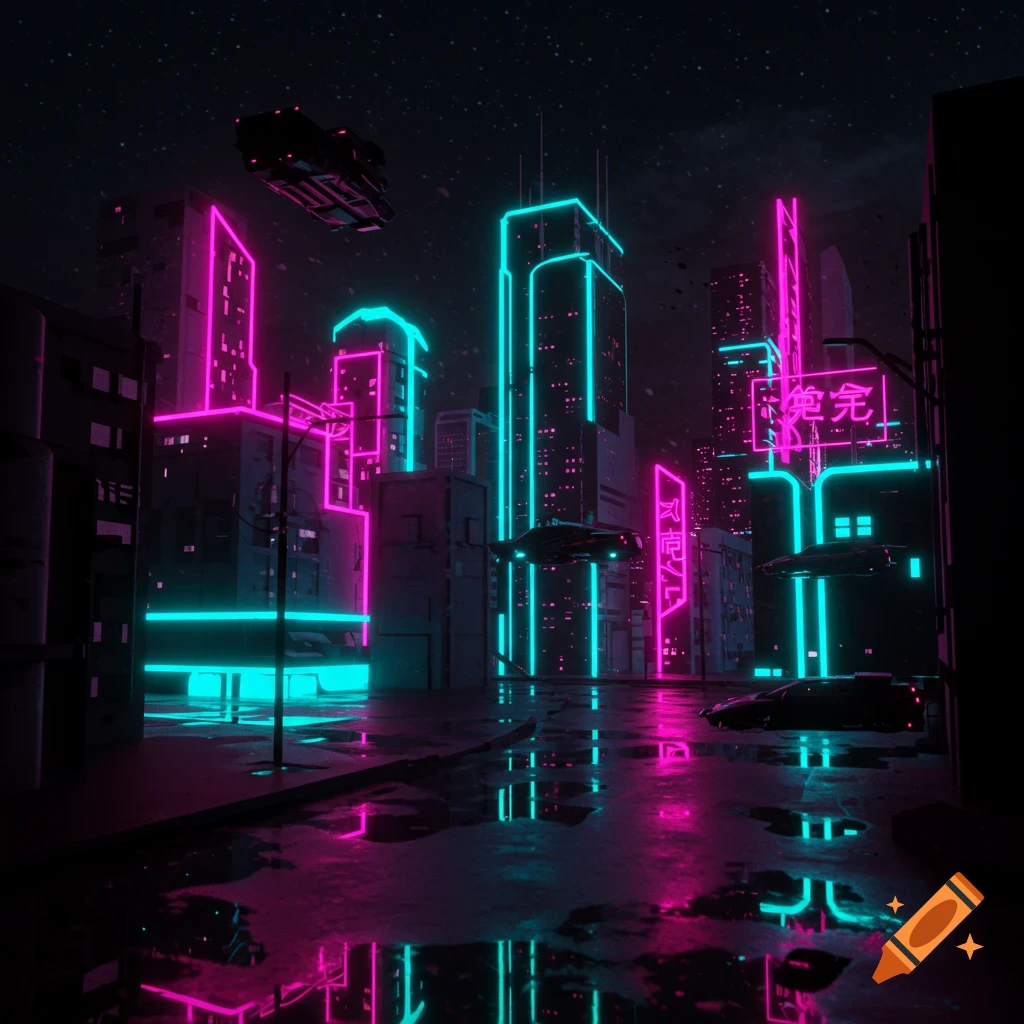 Abstract 3D rendering of a cyberpunk city at night with pink and teal neon lights, flying cars, and wet streets.