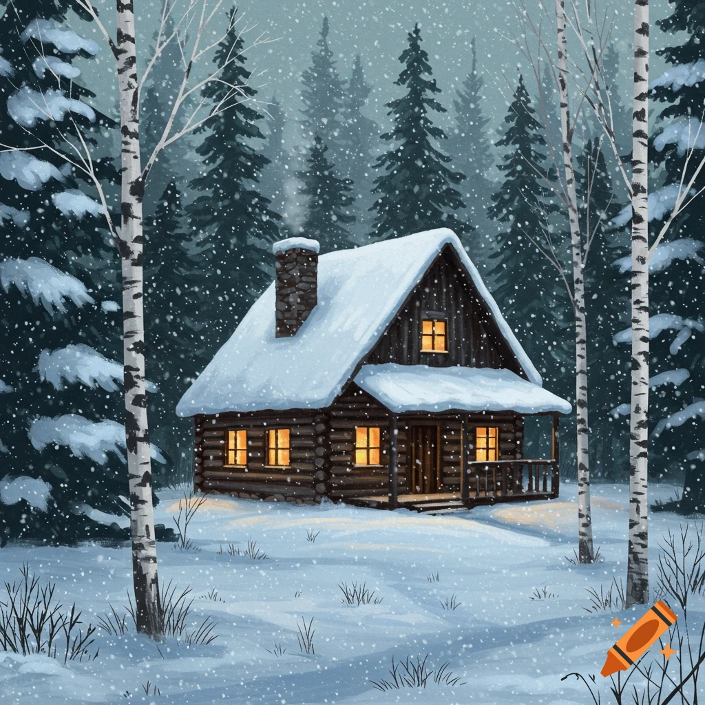 A cozy log cabin in a snowy forest with lights in the windows during a snowfall.