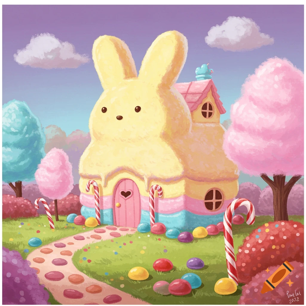 A bunny-shaped candy house in a colorful candy land with jellybean path and cotton candy trees.