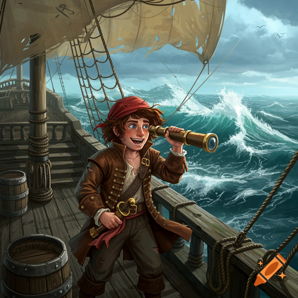 A young pirate with a red bandana looks through a telescope on a ship deck in a stormy sea.