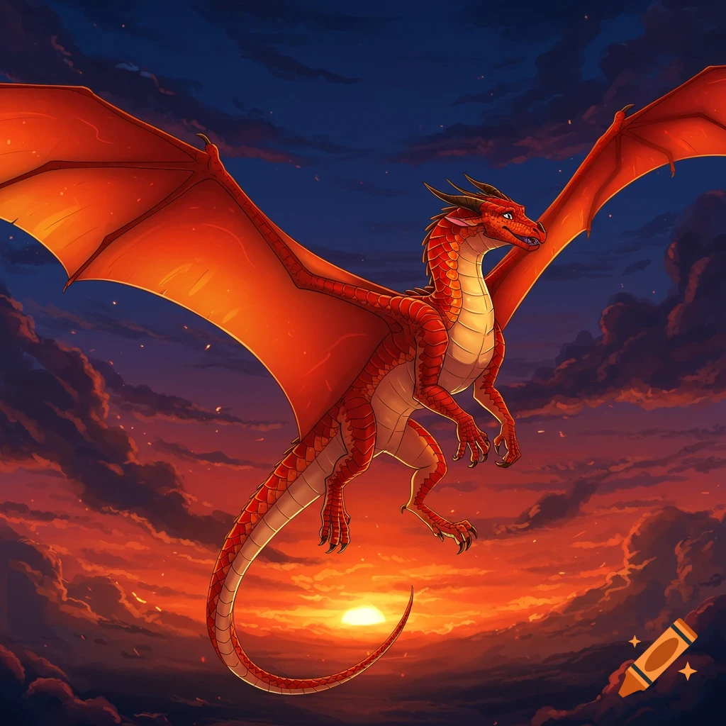 A red dragon flies through a cloudy sunset sky.