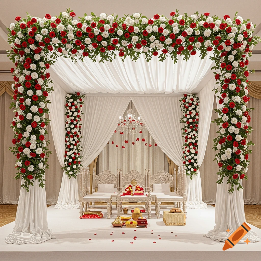 A beautifully decorated wedding mandap with red and white flowers and flowing white fabric.