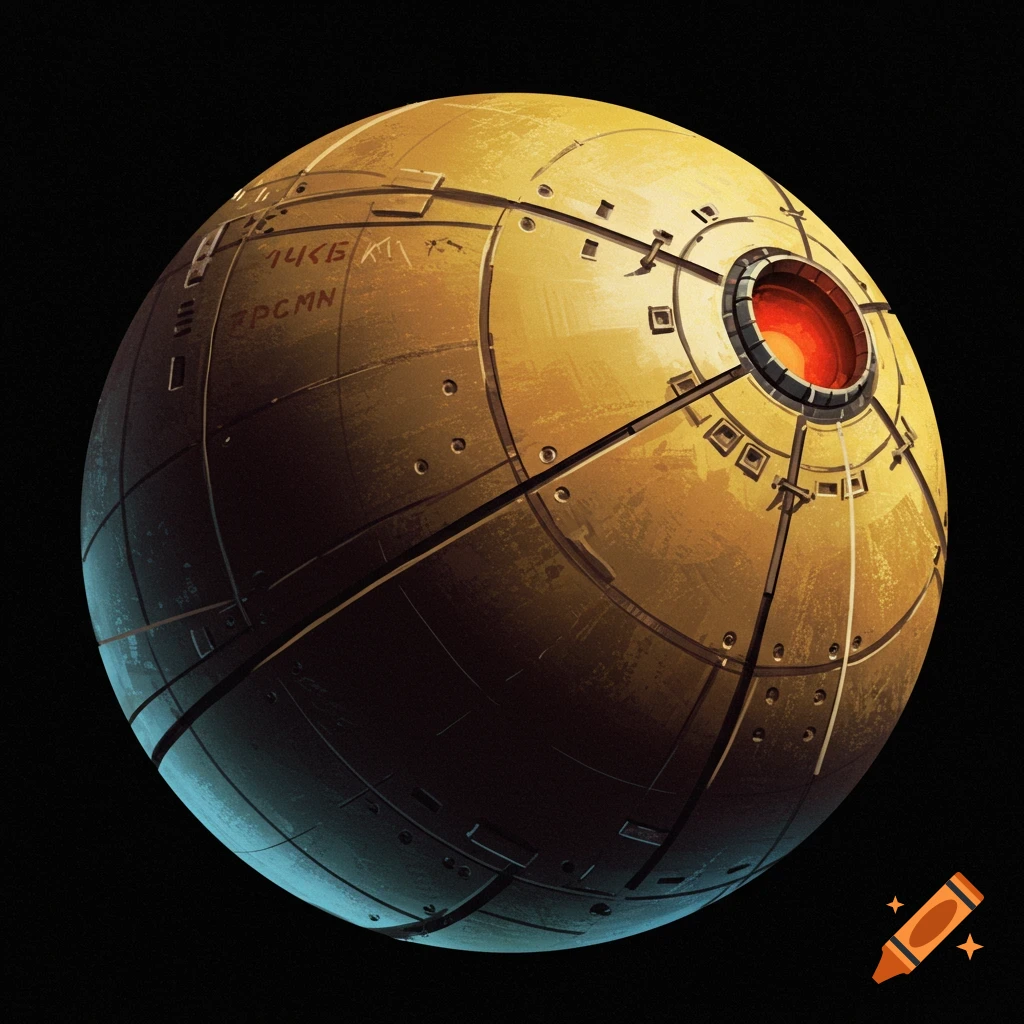 A detailed large, golden metallic sphere with panels, rivets, etched text, and a glowing red core.