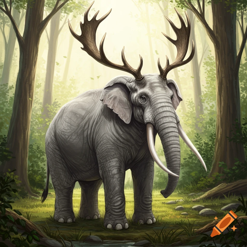 An elephant with large antlers is standing in a forest.