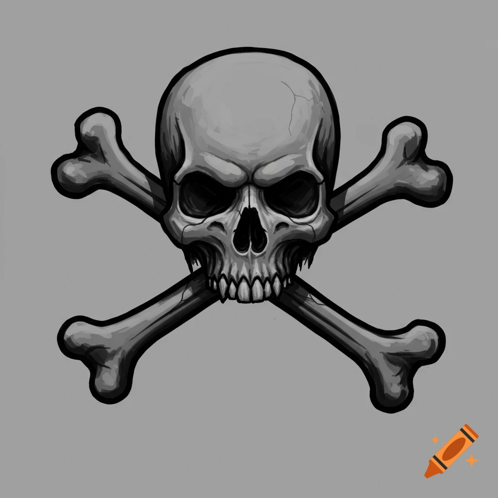 A gray skull and crossbones on a gray background.