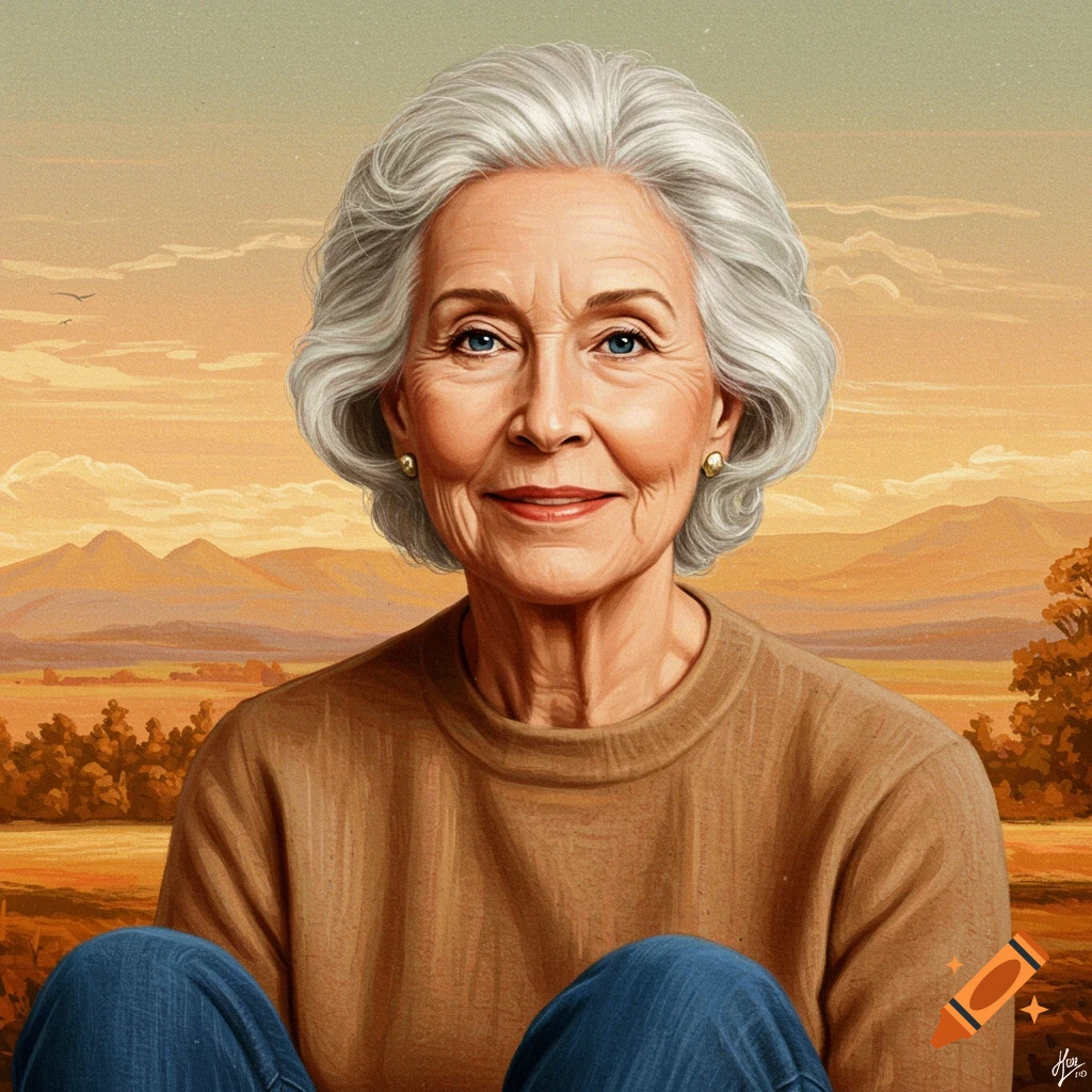 Portrait of an older woman with gray hair smiling in a landscape with mountains.