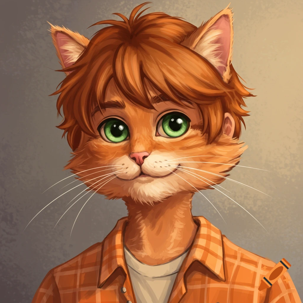Portrait of an anthropomorphic orange cat with green eyes wearing a plaid shirt.