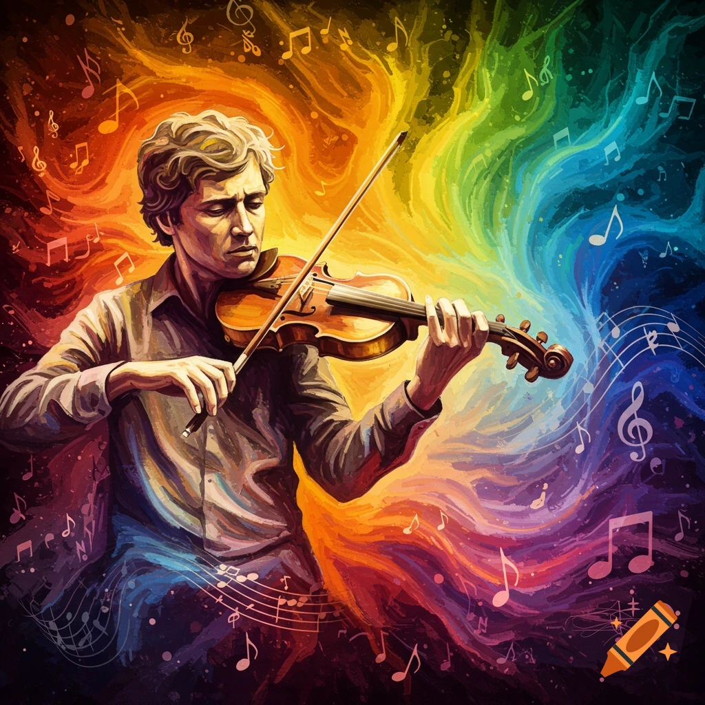 A violinist plays amidst swirling colorful musical notes.