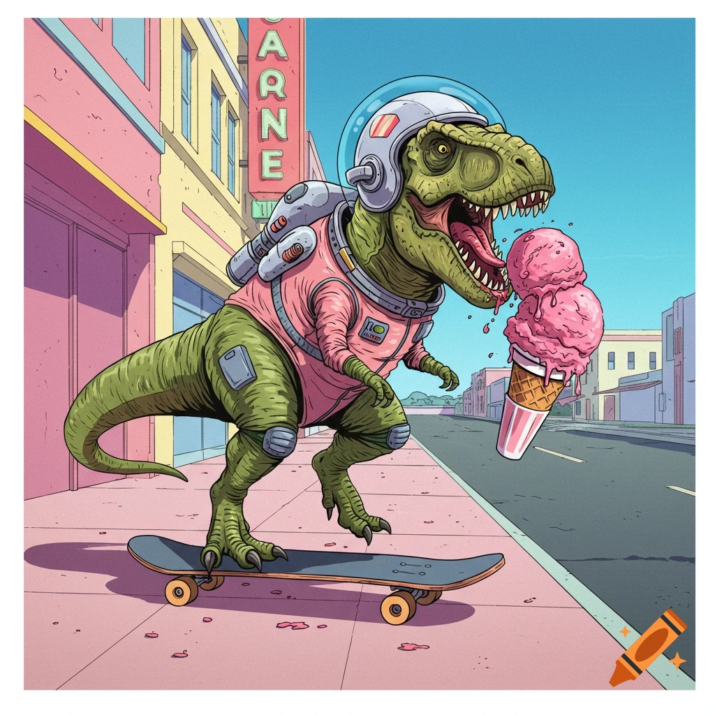 An illustration of a T-Rex wearing a pink space suit and helmet, skateboarding down a sidewalk while eating a large pink ice cream cone.