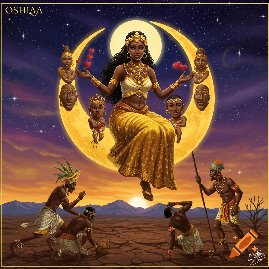 A goddess figure sits on a crescent moon above a dry landscape where men struggle. Stylized illustration.