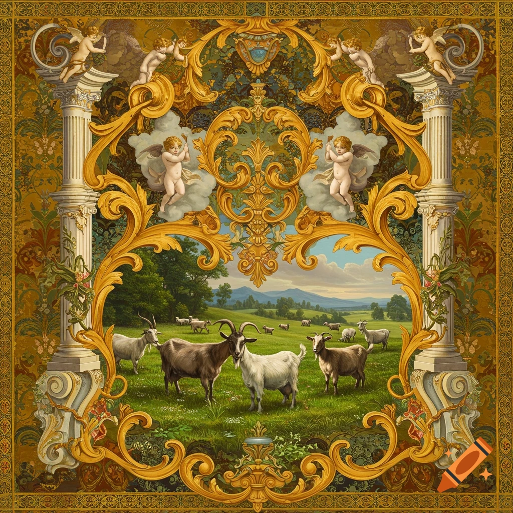 Goats graze in a grassy field, framed by ornate gold baroque columns, cherubs, and decoration.