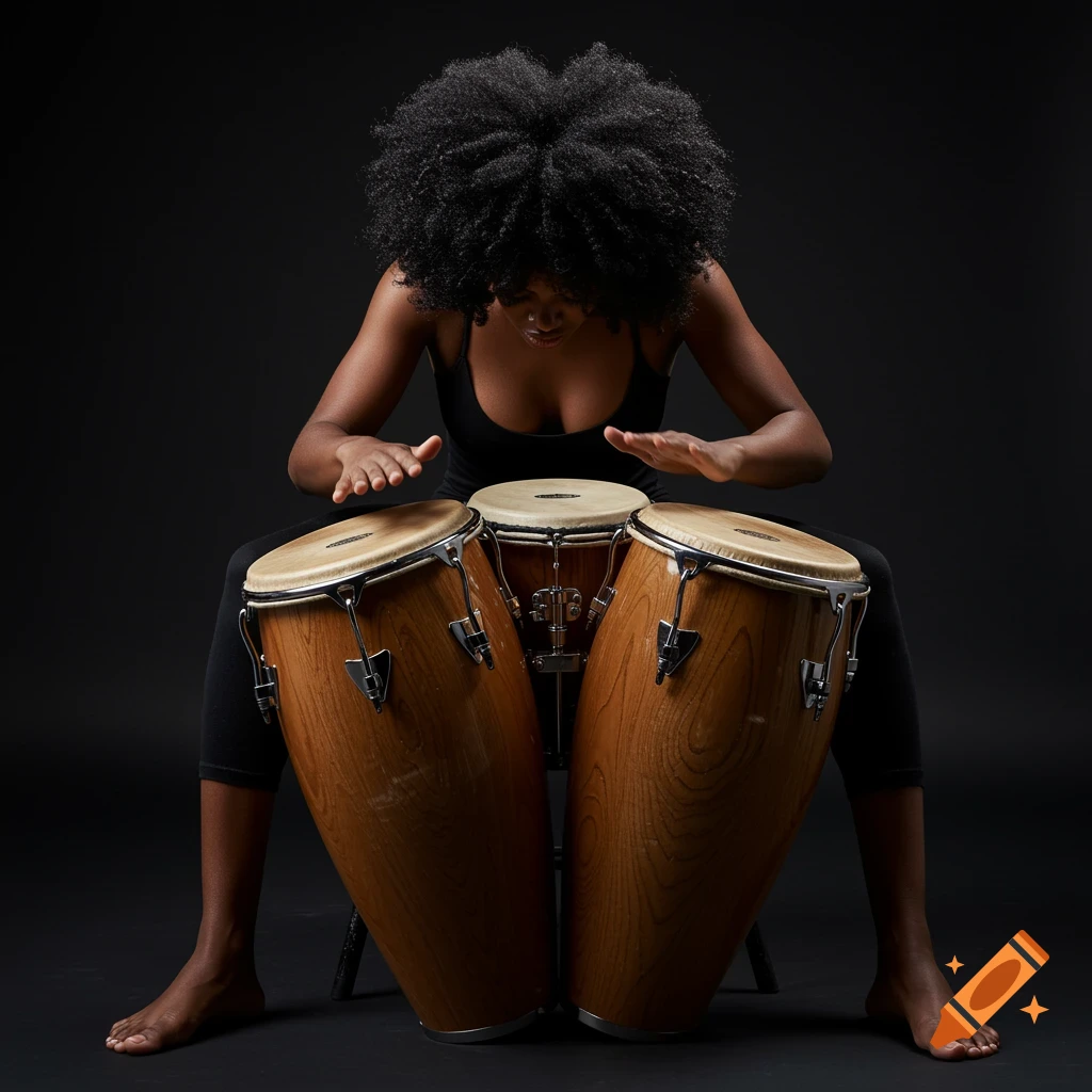 Photographic portrait of a black woman with an afro playing conga drums.