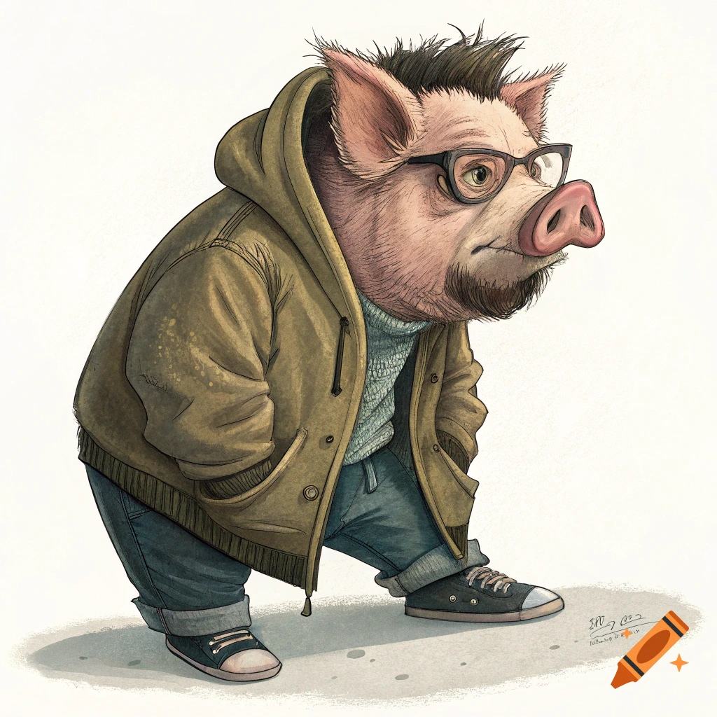 Illustration of an anthropomorphic pig wearing a hooded jacket, jeans, and glasses.