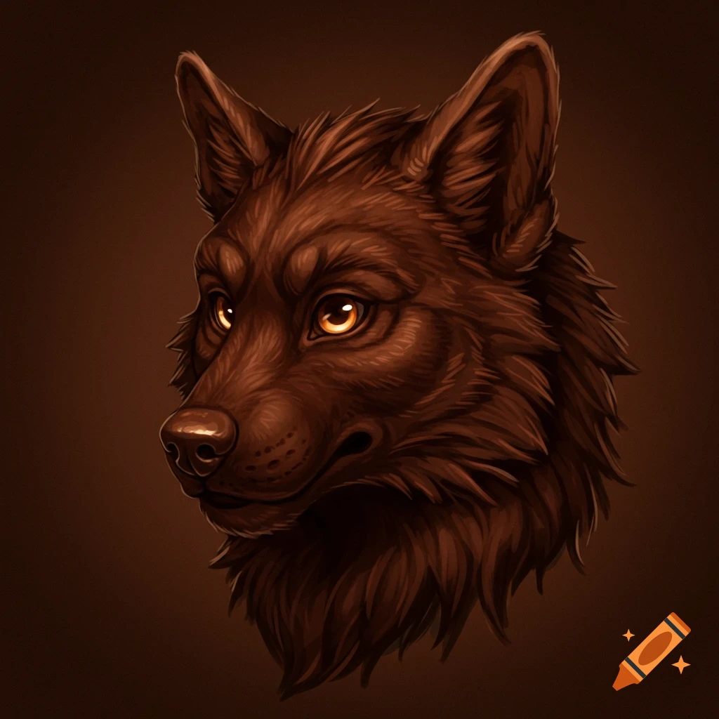 Brown wolf or werewolf head with glowing orange eyes.